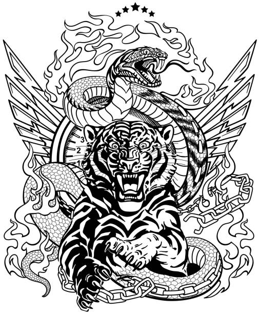 iger and snake. Road design. Black and white roaring tiger in the jump and snake like road. Design template include broken chain, tongues of flame and wings. Black and white  Biker Tattoo. Vector illustration snakes tattoos stock illustrations