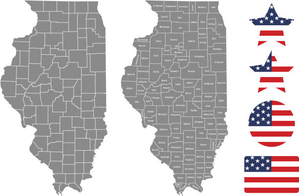 Illinois county map vector outline in gray background. Illinois state of USA map with counties names labeled and United States flag vector illustration designs The maps are accurately prepared by a GIS and remote sensing expert. illinois stock illustrations