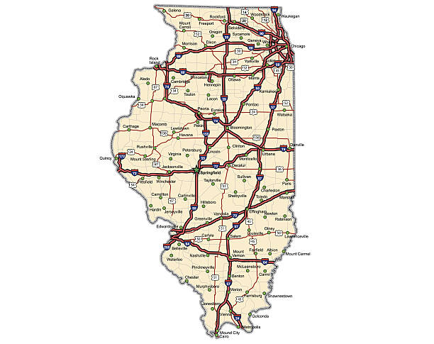 Illinois Highway Map (vector) Highway map of the state of Illinois with Interstates and US Routes.  State and county roads are also on here, but not labeled.  All county seats (cities) and the state capitol are also on the map. illinois stock illustrations