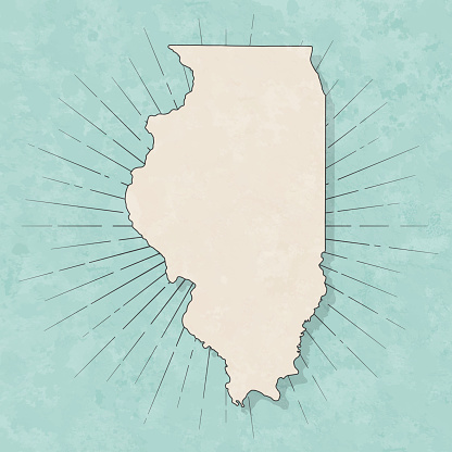 Map of Illinois in a trendy vintage style. Beautiful retro illustration with old textured paper and light rays in the background (colors used: blue, green, beige and black for the outline). Vector Illustration (EPS10, well layered and grouped). Easy to edit, manipulate, resize or colorize.
