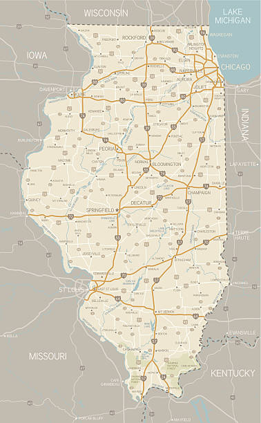 Illinois Map A detailed map of Illinois state with cities, roads, major rivers, and lakes plus National Forests. Includes neighboring states and surrounding water.  illinois stock illustrations