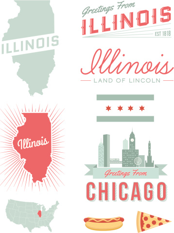 A set of vintage-style icons and typography representing the state of Illinois, including Chicago. Each items is on a separate layer. Includes a layered Photoshop document. Ideal for both print and web elements.