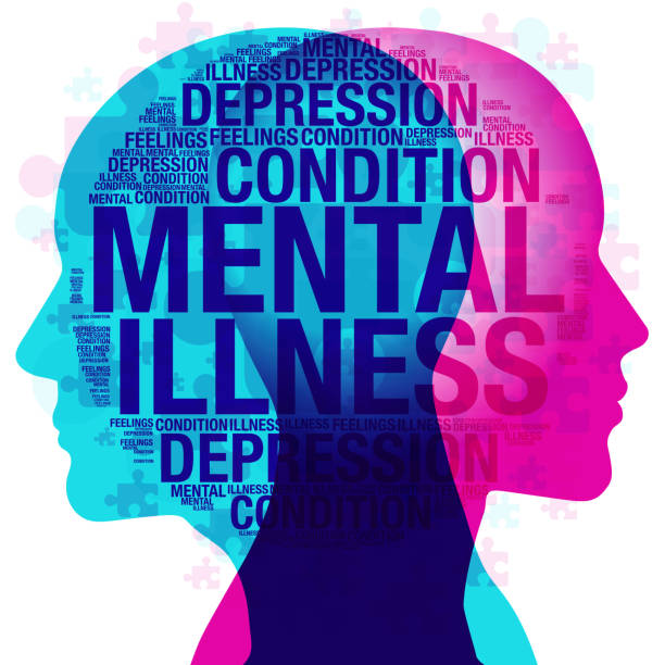 Illness of the Mind A male and female side silhouette positioned back to back, overlaid with various semi-transparent jigsaw pieces and words all themed on the topic of “Mental health and Illness. mental illness stock illustrations