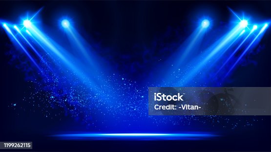 istock Illuminated stage with scenic lights and smoke. Blue vector spotlight with smoke volume light effect on black background. Stadium cloudiness projector. Mist show room. Vector. 1199262115