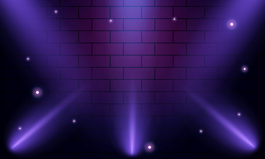 Illuminated stage with scenic lights and smoke. purple vector