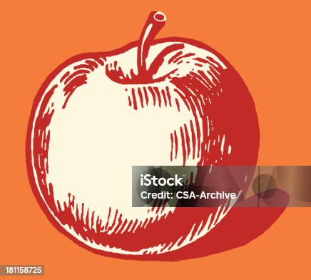 istock Illustrated apple on red background 181158725