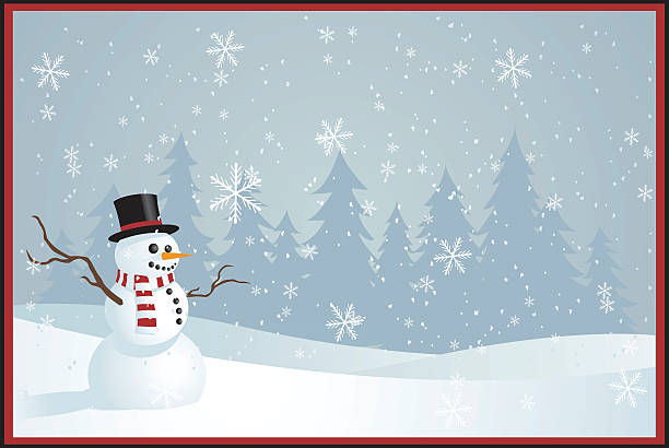 Illustrated Christmas greetings card with snowman Vector Illustration of a snowman Christmas greeting card with copyspace. File saved in layers for easy editing. landscape scenery borders stock illustrations