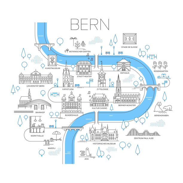 Illustrated map of Bern, Switzerland. Vector illustrated map of Bern, Switzerland. stylized landmarks and famous places. Line art. river drawings stock illustrations