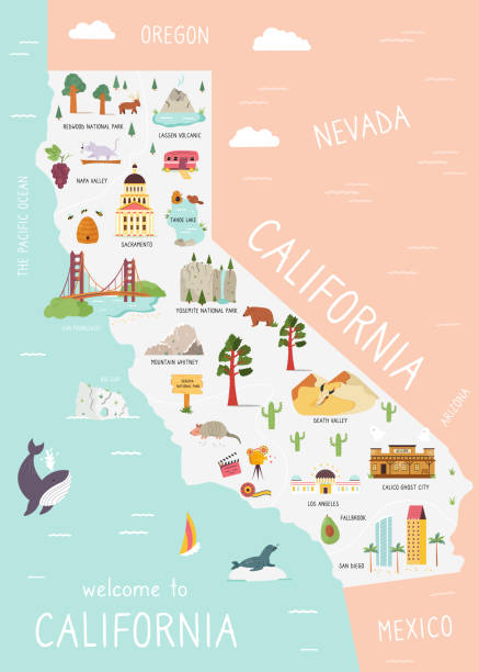 モニュメント、動植物とカリフォルニアの図示地図。シンボル、都市や目的地を持つアメリカの州。明るいデザイン、バナー、ポスター - カリフォルニア点のイラスト素材／クリップアート素材／マンガ素材／アイコン素材