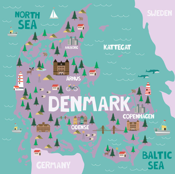 Illustrated map of Denmark with nature and landmarks Illustrated map of Denmark with nature and landmarks. Editable vector illustration denmark stock illustrations