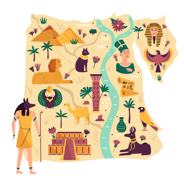 stockillustraties, clipart, cartoons en iconen met geïllustreerde kaart van egypte met oude oriëntatiepunten, symbolen, steden, standbeelden. vectorillustratie - egypte
