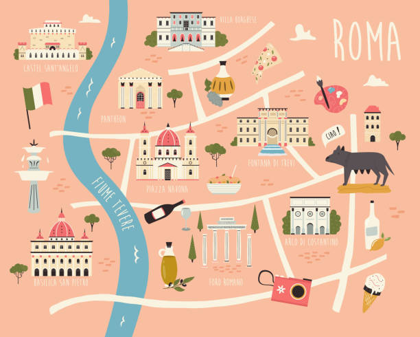 Illustrated map of Rome with famous symbols, landmarks, buildings. Illustrated map of Rome with famous symbols, landmarks, buildings. Vector design for tourist books, posters, placards, leaflets, books, souvenirs. map illustrations stock illustrations