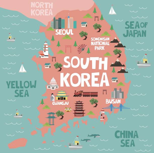 Illustrated map of South Korea with nature and landmarks Illustrated map of South Korea with nature and landmarks. Editable vector illustration south korea stock illustrations