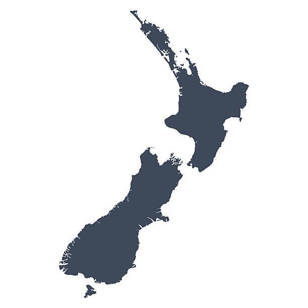A graphic illustrated vector image showing the outline of the country New Zealand. The outline of the country is filled with a dark navy blue colour and is on a plain white background. The border of the country is a detailed path. 