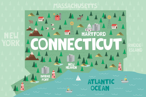 Illustrated map of the state of Connecticut in United States Illustrated map of the state of Connecticut in United States with cities and landmarks. Editable vector illustration connecticut stock illustrations