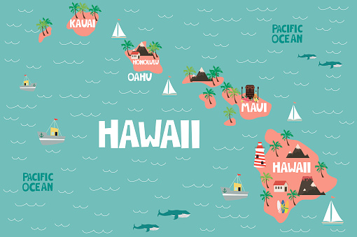 Illustrated map of the state of Hawaii in United States with cities and landmarks. Editable vector illustration