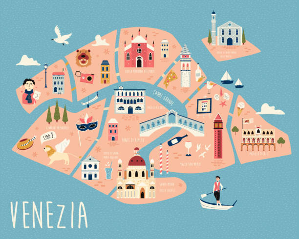 illustrazioni stock, clip art, cartoni animati e icone di tendenza di mappa illustrata di venezia con simboli famosi, monumenti e edifici. - venezia