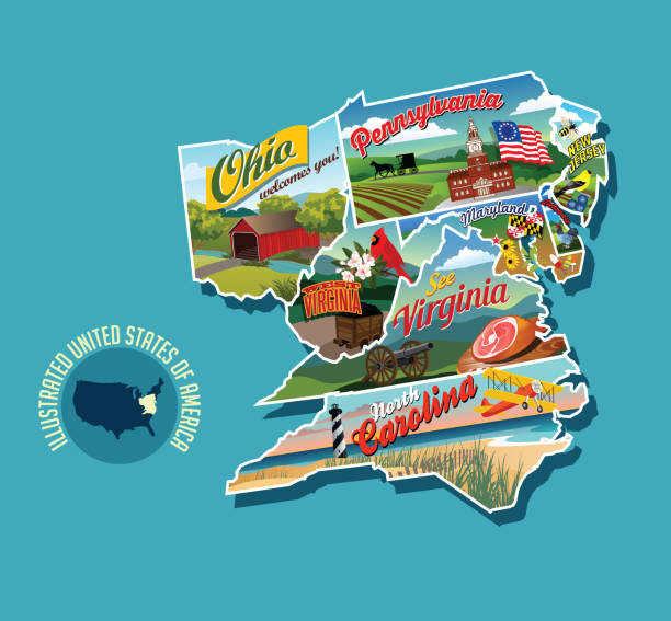 그림된 그림 지도 미국 동부입니다. 펜실베니아, 뉴저지, 웨스트 버지니아, 버지니아, 노스캐롤라이나, 델라웨어와 메릴랜드를 포함 한다. - 펜실베이니아 stock illustrations