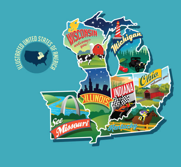иллюстрированная пикториальная карта среднего запада сша. включает висконсин, мичиган, миссури, иллинойс, индиана, кентукки и огайо. - michigan stock illustrations