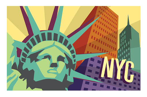 Illustrated travel poster of NYC and Statue of Liberty