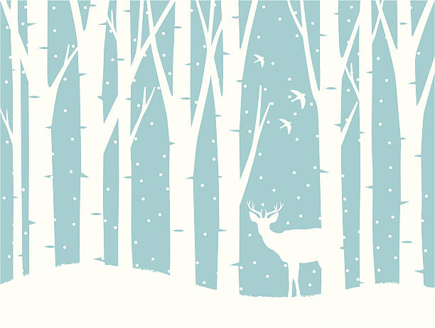 Illustrated winter science with trees, snow and a deer The winter view illustration..Editable vector illustration.. winter silhouettes stock illustrations