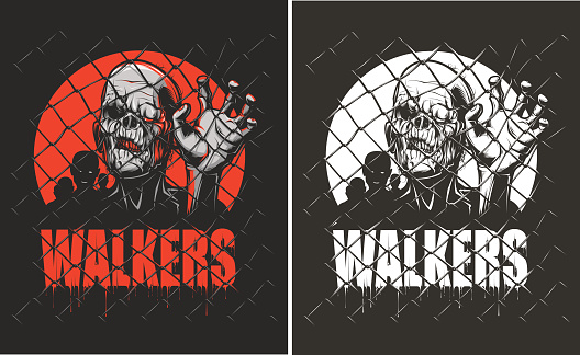 Illustrated zombies behind fence. Walkers poster