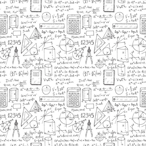 Illustration about mathematics Seamless pattern with hand drawn mathematics formules and other elemets. Science collection. Vector doodlle illustration mathematics stock illustrations