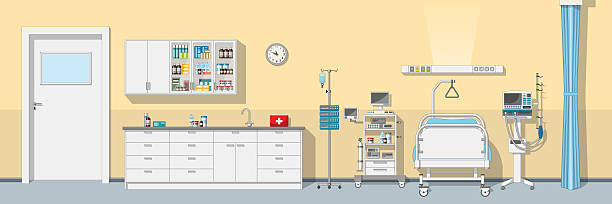 Illustration an intensive care unit, panorama Illustration an intensive care unit, panorama bed furniture backgrounds stock illustrations