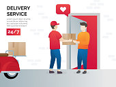 Illustration concept of freight forwarding services. Vector illustration concept for delivery service, e-commerce. Receiving package from courier to customer. Delivery parcel to door. Vector