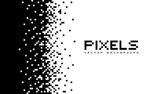 Illustration disintegrates or dissolves on the pixel pattern. Vector concept of technology. Place for text. Monochrome style. Isolated background.