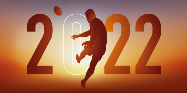 Illustration for a presentation of the 2022 sports agenda on the theme of rugby. Rugby-themed sport concept for a 2022 greeting card, showing a rugby player rushing to transform a trial. rugby league stock illustrations