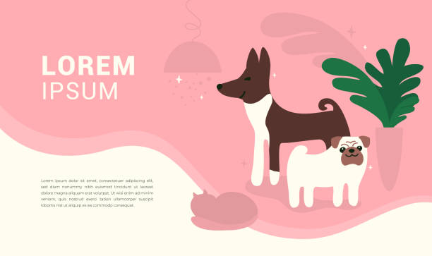 Illustration for Pet care service Vector illustration with happy dogs and cat for banner, card, brochure, flyer, landing page, invitation, presentation, blog. Pink design for Pet hotel, vet clinic, veterinary hospital, care service. dog backgrounds stock illustrations