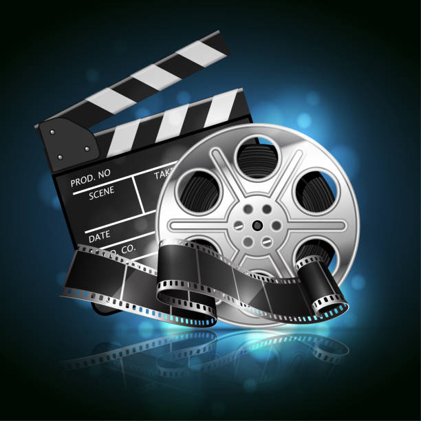Illustration for the film industry. Reel, film and clapperboard. Highly detailed illustration Illustration for the film industry. Reel, film and clapperboard  on a reflective surface on a background with highlights. Highly detailed illustration film reel stock illustrations