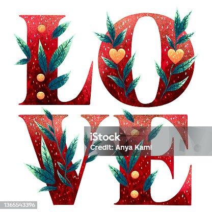 istock Illustration for Valentine's Day inscription love with sprouting twigs and flowers through it 1365543396