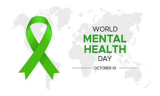 Illustration for World Mental Health Day with Green Ribbon and Map Isolated on White Background