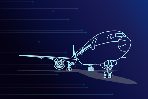 Illustration Front view sketch line blue color passenger aircraft or cargo airplane parking  with shadow on ground and light glow effect