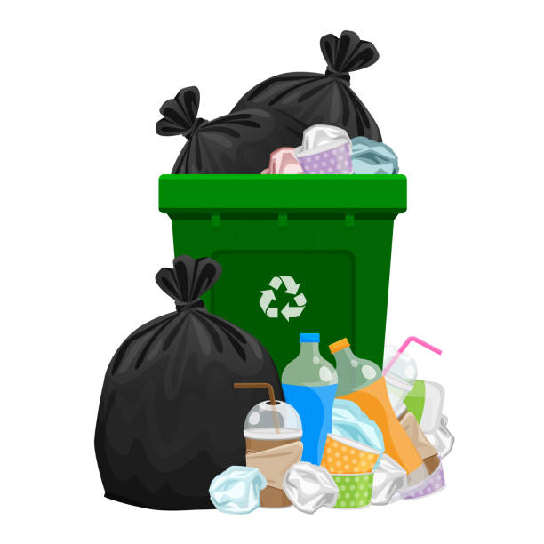 stockillustraties, clipart, cartoons en iconen met illustratie vuilnis afval en zak plastic en groene prullenbak geïsoleerd op wit, stapel plastic vuilnis afval veel plastic afval dump en bin groen, plastic afval en bin scheiding recyclen - waste disposal