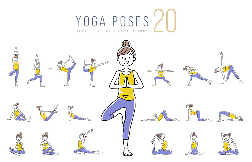 Illustration material: woman, yoga, pose, set, variation