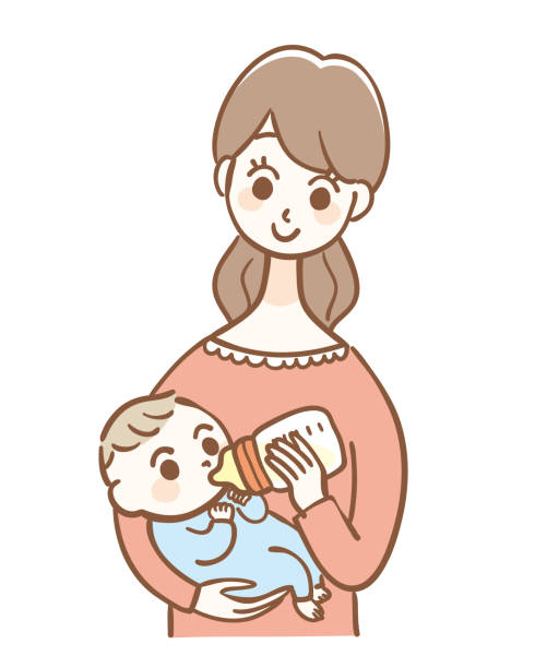 иллюстрация ребенка питьевое молоко в детской бутылке - baby formula stock illustrations