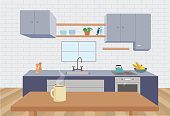 Illustration of a beautiful kitchen at home with a cup of tea on the foreground