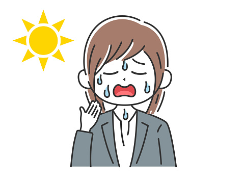 Illustration of a business woman who sweats in the heat.