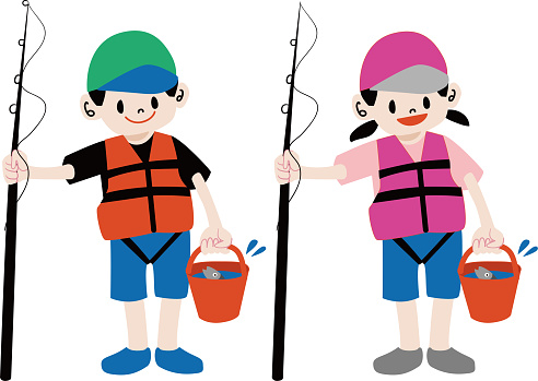 Illustration of a child fishing in a life jacket