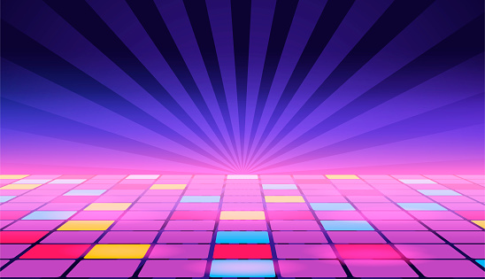 Illustration of a dance floor amongst starry open space. Vector.