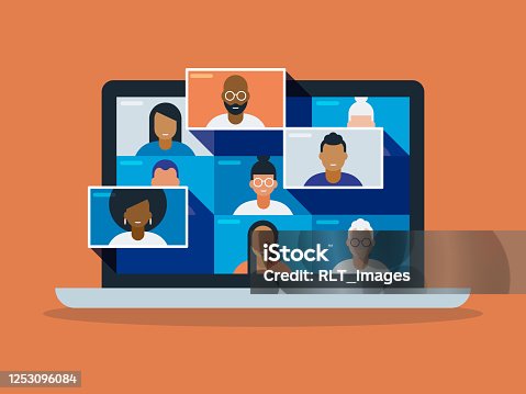 istock Illustration of a diverse group of friends or colleagues in a video conference on laptop computer screen 1253096084