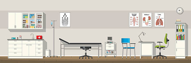 ilustrações de stock, clip art, desenhos animados e ícones de ilustração de um médico de escritório, panorama - doctor wall