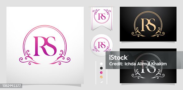istock illustration of a emblem monogram, Set of label initial RS or SR letter, Circle gold frame border with ornament pattern. applicable for letterpress, embroidery, invitation wedding monogram, and sign 1352992377