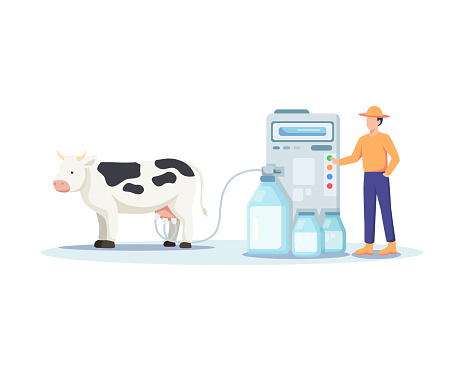 Illustration of a farmer milking a cow