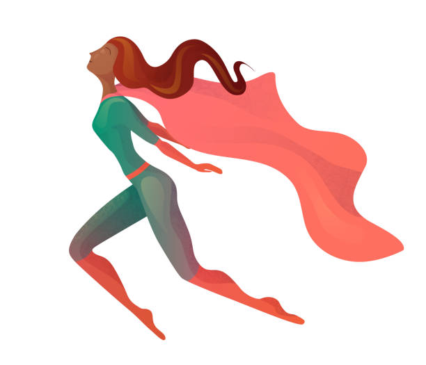 Illustration of a flying  African American super woman in costume with cloak. Elegant textural stylization of the girl. Illustration of a flying  African American super woman in costume with cloak. Elegant textural stylization of the girl. Vector element for postcards, articles and your design. black superwoman stock illustrations