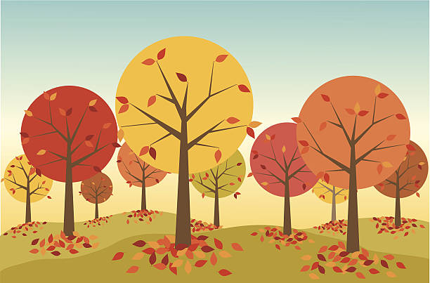 Illustration of a forest in autumn with leaves falling A colorful retro-styled forest in autumn.  Colorful fallen leaves gather around the base of each tree. forest clipart stock illustrations