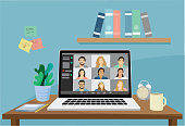Illustration of a laptop screen showing a group of people in a video conference â quarantine lifestyle